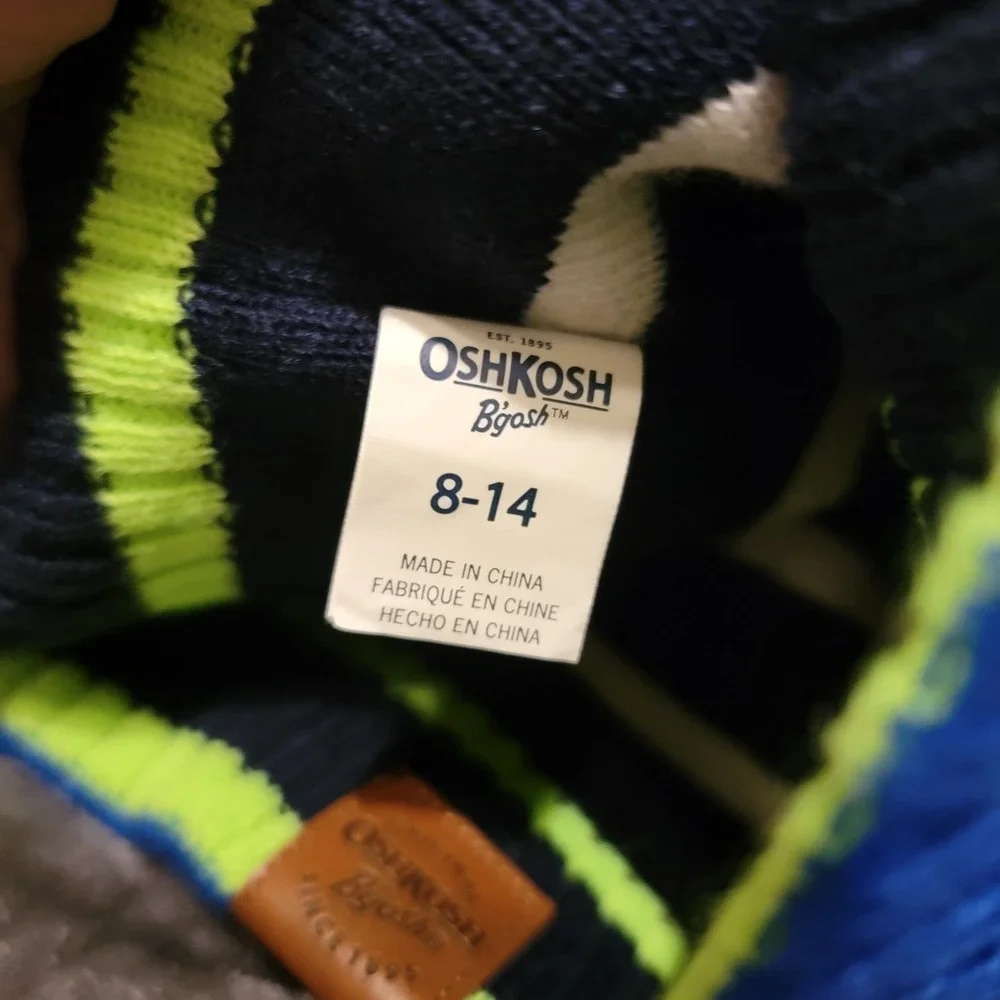 OshKosh Beanie Kids 8-14 Blue Grey Excellent Reversible Dinosaur & Isle Stripe